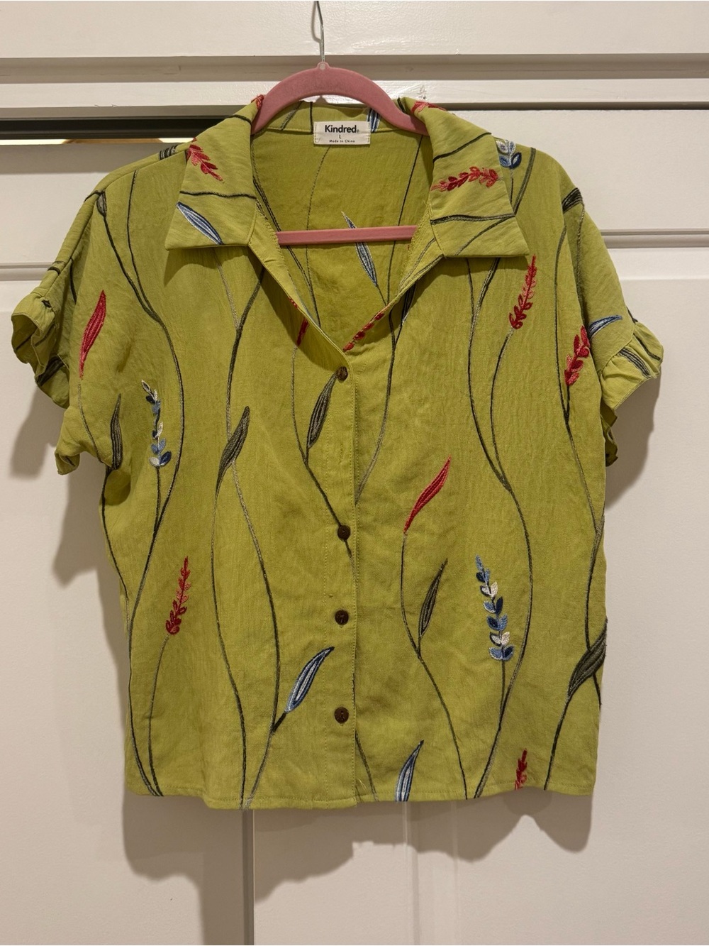 Anthropologie Kindred Oasis Green Embroidery Ruffle Buttoned Blouse LRG